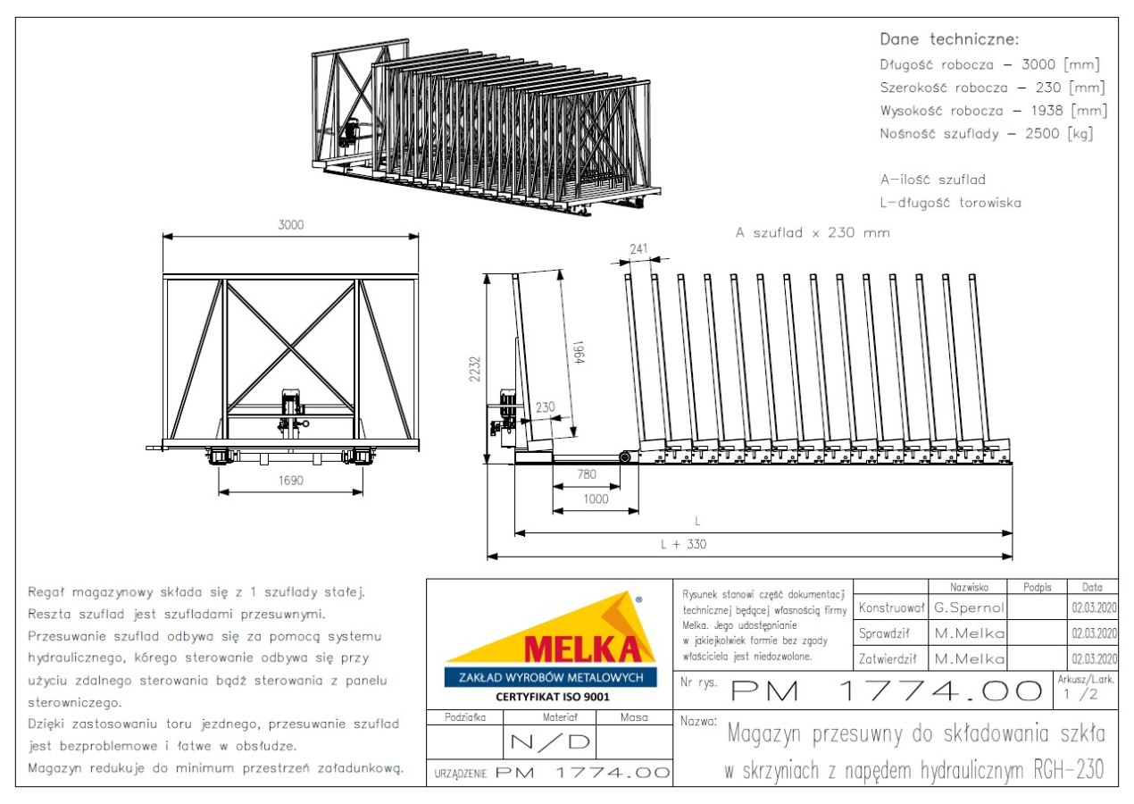 PÓŁAUTOMATYCZNY MAGAZYN PRZESUWNY Z NAPĘDEM HYDRAULICZNYM DO SKŁADOWANIA SKRZYŃ ZE SZKŁEM 1/2 JUMBO
